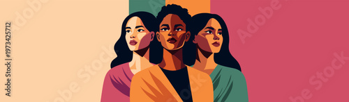 Bright vector abstract banner to Women's Day, feminism, equality. Women of different cultures, skin colors, nationalities stand together, looking up. Movements for gender equality, women's empowerment