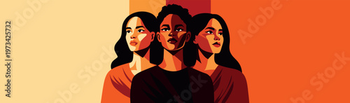Bright vector abstract banner to Women's Day, feminism, unity. Women of different cultures, skin colors, nationalities stand together, looking up. Movements for gender equality, women's empowerment