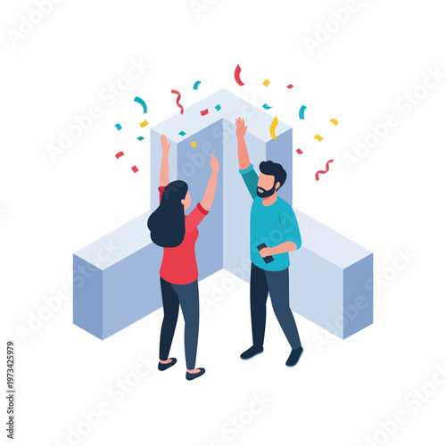 Isometric Celebration - Two People Cheering with Confetti Around a Large Gift.