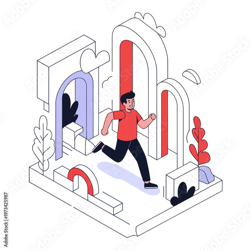 Isometric Illustration of a Man Running Through Abstract Arches.