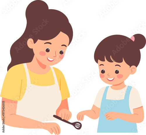 Mother and child happily cooking together in the kitchen.