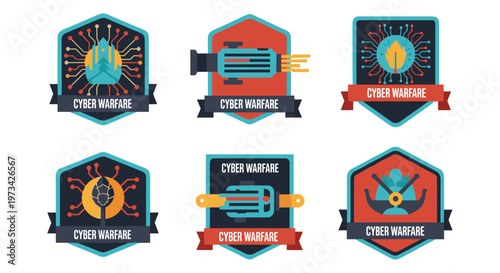 Six distinct hexagonal badges featuring cyber warfare symbols, circuit board motifs, and technological elements in a vibrant palette of teal, orange, red, and navy blue, perfect