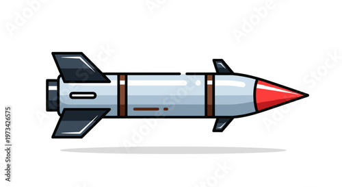 Sleek silver missile with sharp red nose cone and dark grey fins, featuring clean lines and a minimalist color palette, perfect for representing aerospace, military technology, or