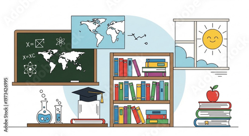 A colorful vector illustration of a classroom with educational elements and school supplies
