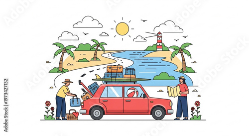 A colorful vector illustration of a family on a road trip to a tropical beach destination with a red car and luggage