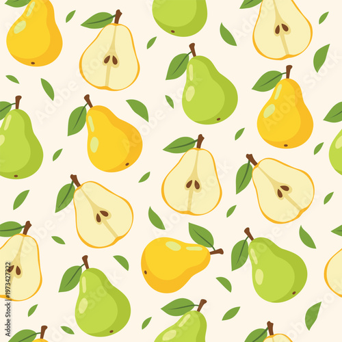 Pattern pears. Bright seamless large vector pattern of pears with green leaves. It is ideal for summer kitchen decoration, food, fabric design, packaging, decoration of summer design