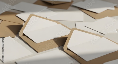 Top view of blank white cards in craft paper envelopes arranged on a light surface, minimalist stationery mockup for branding and invitation design