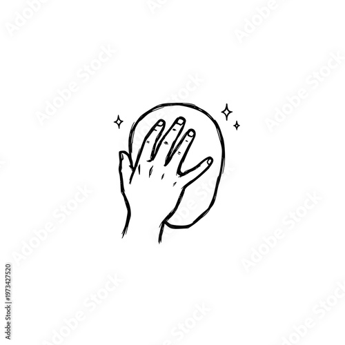 A minimalist vector illustration of a hand touching a crystal ball with sparkles