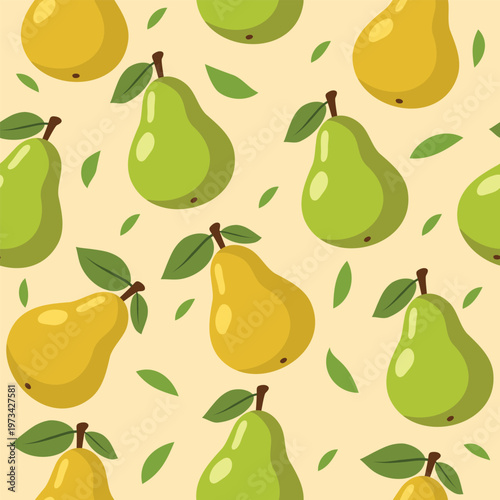 Pear pattern. Bright seamless large vector pattern of yellow and green pears with leaves. Ideal for summer kitchen decoration, food, fabric design, packaging, summer design decoration