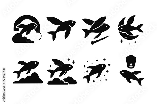 Dreamlike Flying Fish Icons. Dreamlike flying fish. Filled icon set of dreamlike flying fish: fish sliding