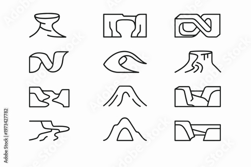 Paradox Landscape Icons. Paradox landscape forms. Line outline icon set of Paradox landscape forms: twisted