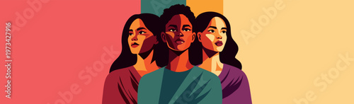 Vector abstract banner to Women's Day, feminism, unity. Strong women of different cultures, skin colors, nationalities stand together, looking up. Movements for gender equality, women's empowerment