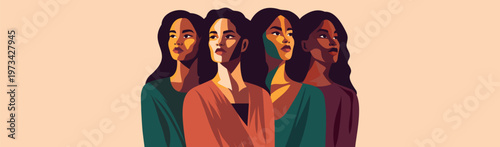Vector abstract banner to Women's Day, feminism, unity. Strong women of different cultures, skin colors, and nationalities unite and look forward. Movements for gender equality and women's empowerment