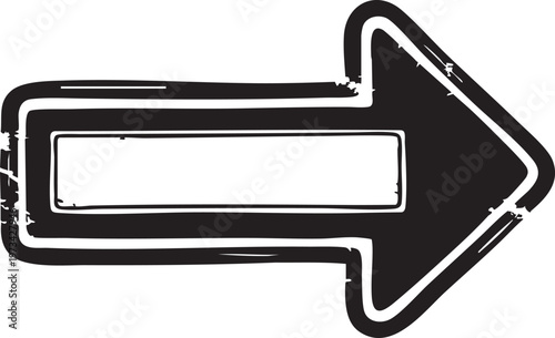 The stylized rightward directional arrow symbol with a rectangular cutout for text or additional design elements