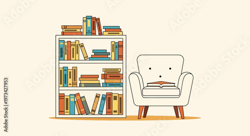 Cozy reading nook with a full bookshelf and comfortable armchair.