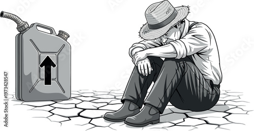 Sad farmer sitting near gas canister with upward arrow depicting rising fuel costs affecting agriculture work.