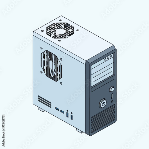 Isometric Illustration of a Desktop Computer Tower with Cooling Fans.