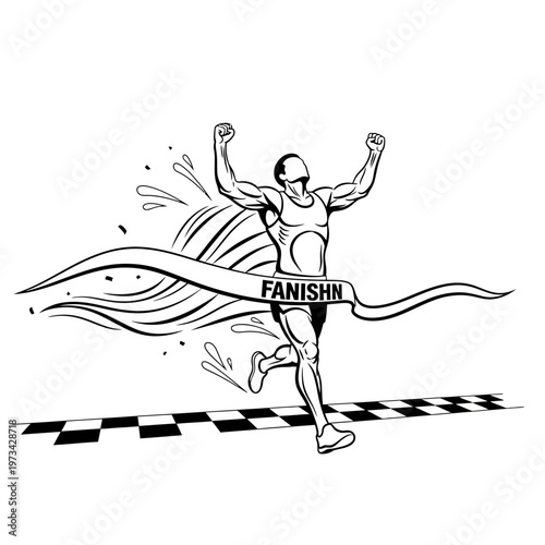 A triumphant runner breaks through the finish line tape with arms raised in victory.