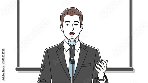 A businessman in a suit speaking into a microphone in front of a blank presentation screen, gesturing with his hand.