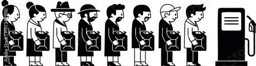 People queueing at gas station with canisters for fuel during petrol shortage and energy supply chain crisis.