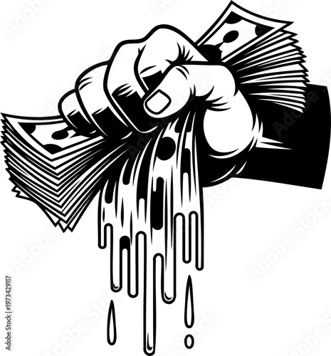 Hand squeezing bundle of money bills melting into liquid representing inflation and loss of purchasing power.