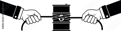 Two hands pulling ropes on barrel, symbolizing tug of war over resources or market competition.