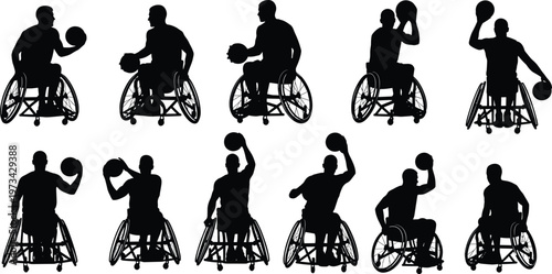 Wheelchair basketball player silhouettes collection featuring athletes in action poses shooting and dribbling isolated on white background for paralympic sports vector design.