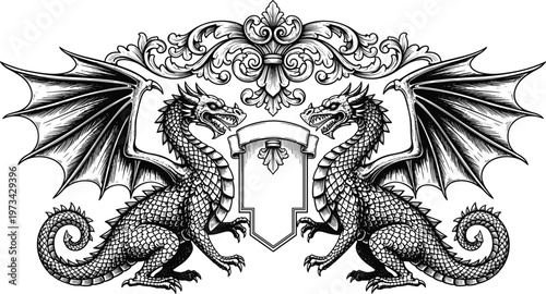Vintage dragon engraving illustration with detailed scales and symmetrical composition, fantasy mythological creature design for tattoo, medieval art, gothic style, and decorative emblem concepts