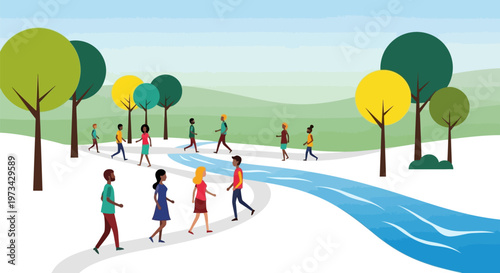 Diverse group of people walking and interacting in a park setting.