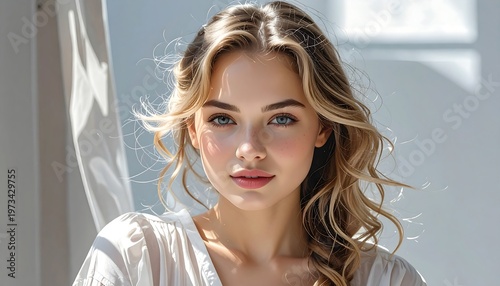 A beautiful woman with cascading blonde waves, soft skin and blue eyes gazes at the viewer, bathed in natural light