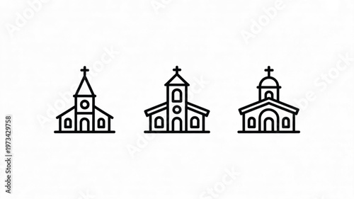 Three Simple Church Buildings Icons Isolated On White For Religious Concepts