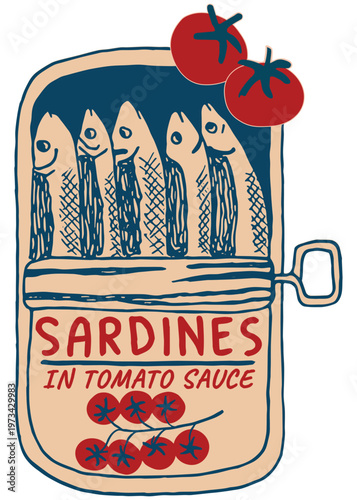 A vintage inspired canned fish, hand drawn vector illustration of an open tin of sardines in tomato sauce with fresh cherry tomatoes. doodle style graphic perfect for Mediterranean food branding, 
