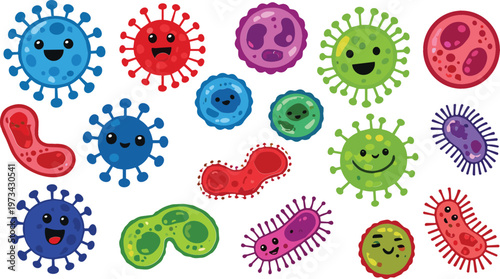 Set of Cute Cartoon Virus and Bacteria Icons in Various Colors for Websites, Apps, and Science-Themed Designs