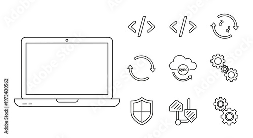 Laptop computer with coding symbols.