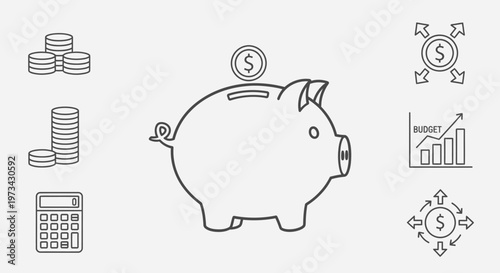 Piggy Bank with Financial Icons Around.