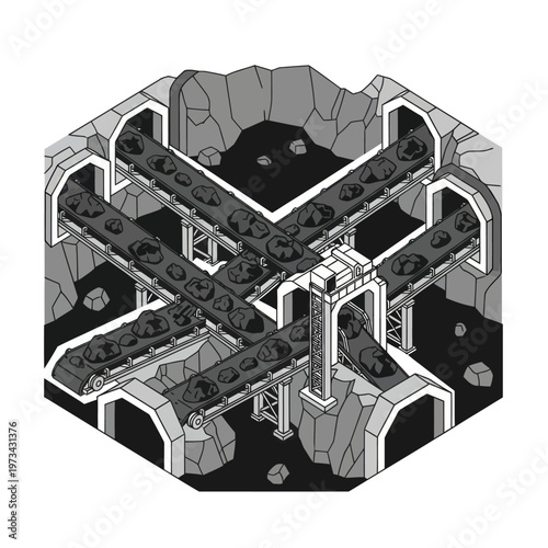 Isometric Mine Conveyor System Illustration in Black and White.
