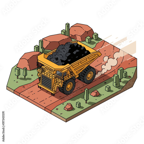 Isometric Illustration of a Mining Dump Truck Carrying Coal.