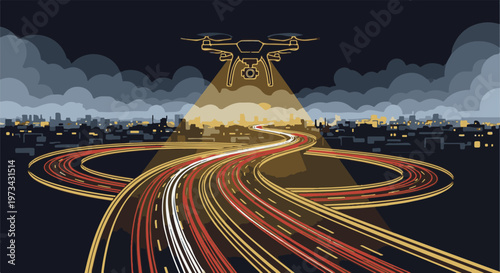 Drone surveys a nighttime highway with a city skyline in the background