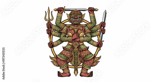 Ornate, multi-armed mythical warrior figure in traditional attire, holding weapons