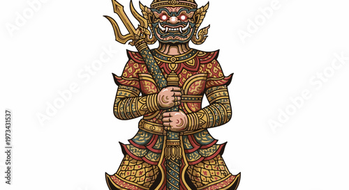A stylized, pixelated representation of a traditional Asian guardian figure with ornate armor