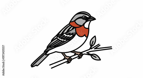 Stylized illustration of a small bird with gray and white plumage, perched on a branch with leaves