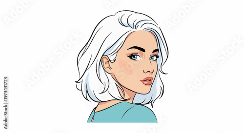 Portrait of a young woman with short, white hair and blue eyes, looking over her shoulder