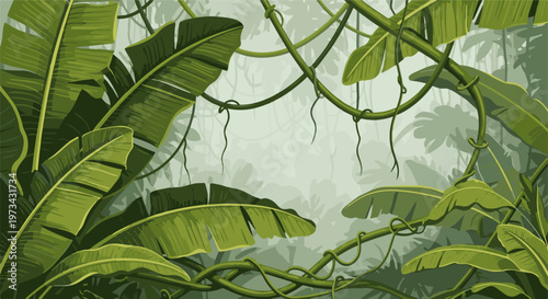 Lush jungle with large green leaves and hanging vines, creating a dense, verdant canopy