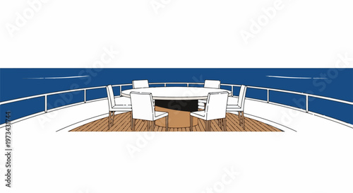 Outdoor dining area with a round table and chairs on a deck overlooking blue water