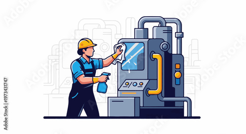 Worker cleans industrial machine with spray bottle and cloth