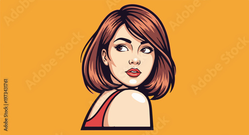 Stylized portrait of a woman with auburn bob, red top, looking over her shoulder