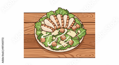 A flavorful chicken Caesar salad served on a plate with wooden background