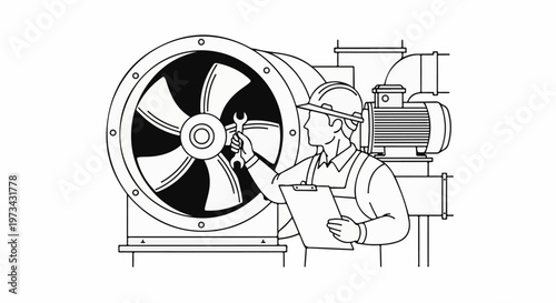 A technician in protective gear inspects a large industrial fan with a wrench, holding a clipboard