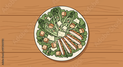 Overhead view of a vibrant salad with grilled chicken and croutons on a wooden table