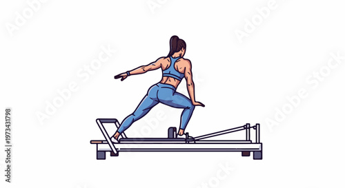 A woman in blue athletic wear performs a lunge on a pilates reformer machine